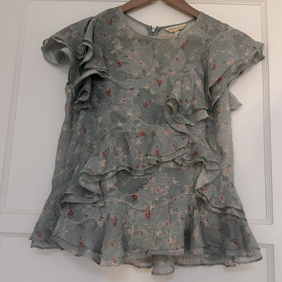 Rebecca Tayler Serra Floral Organza Ruffle Top Light Blue Silk Pattern - Picture 2 of 14